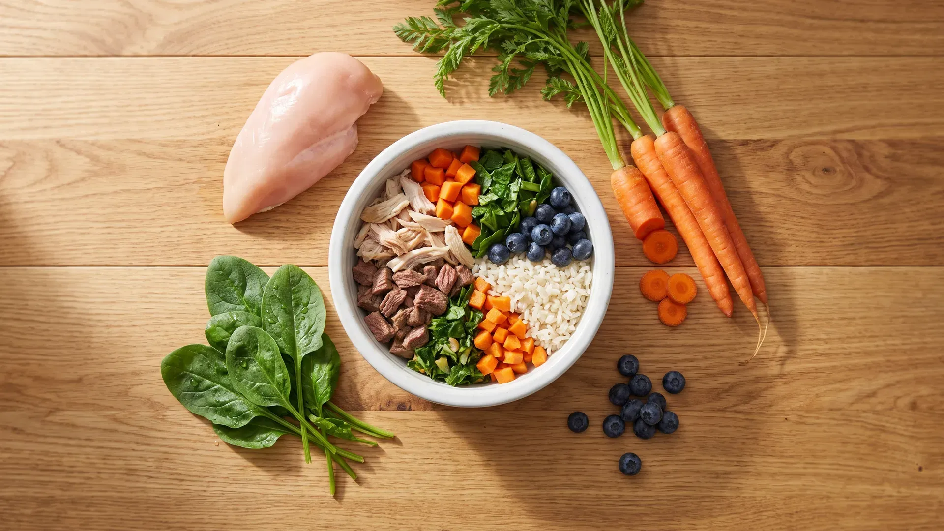 Overhead flat-lay of a bowl of fresh cooked dog food — chicken, beef, carrots, spinach, blueberries and rice — surrounded by fresh ingredients on an oak counter